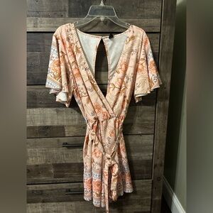 SHEIN Peach and Light Blue Floral Wrap Romper